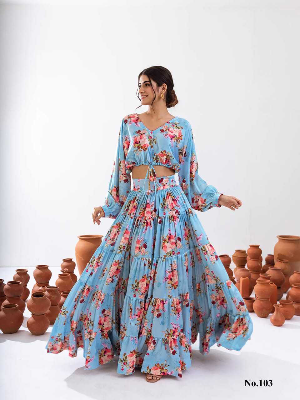 Gorgeous Floral Light Blue PRV 103 FVD - Indian Dress House 786