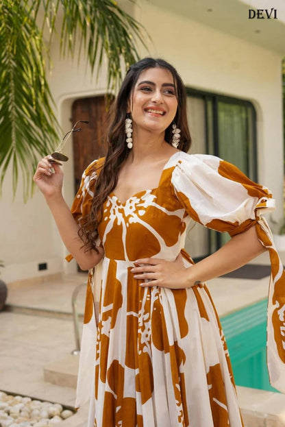Gorgeous Floral Mustard Brown & Off White DV 802 FVD - Indian Dress House 786
