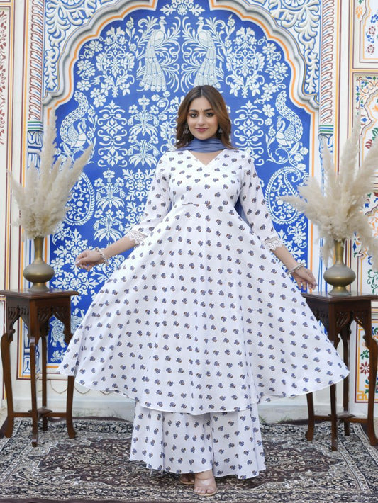 Gorgeous Floral White & Blue DRV FVD - Indian Dress House 786