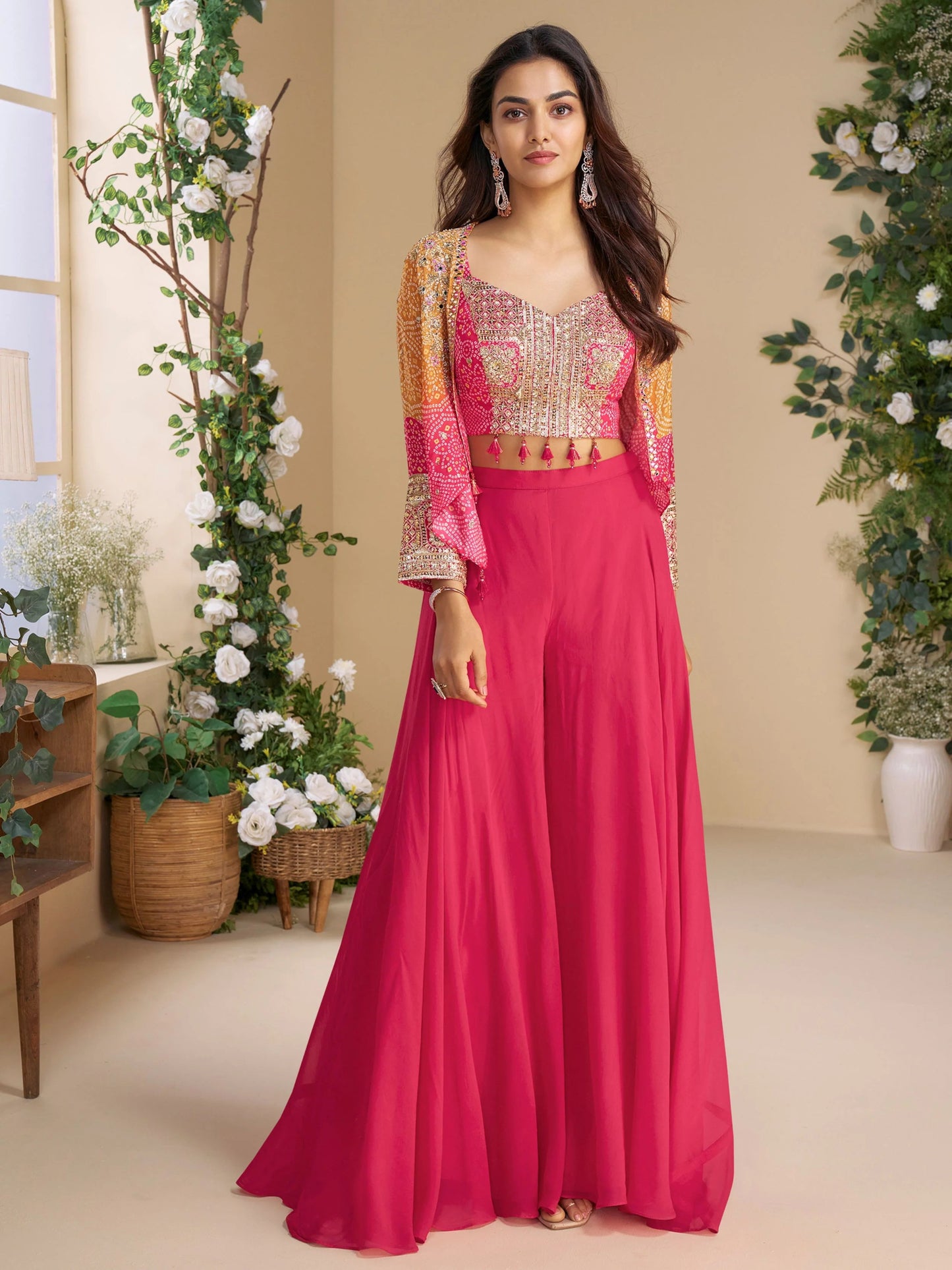 Gorgeous Fuschia Pink & Bhandani Print Mini Jacet SYMO - Indian Dress House 786
