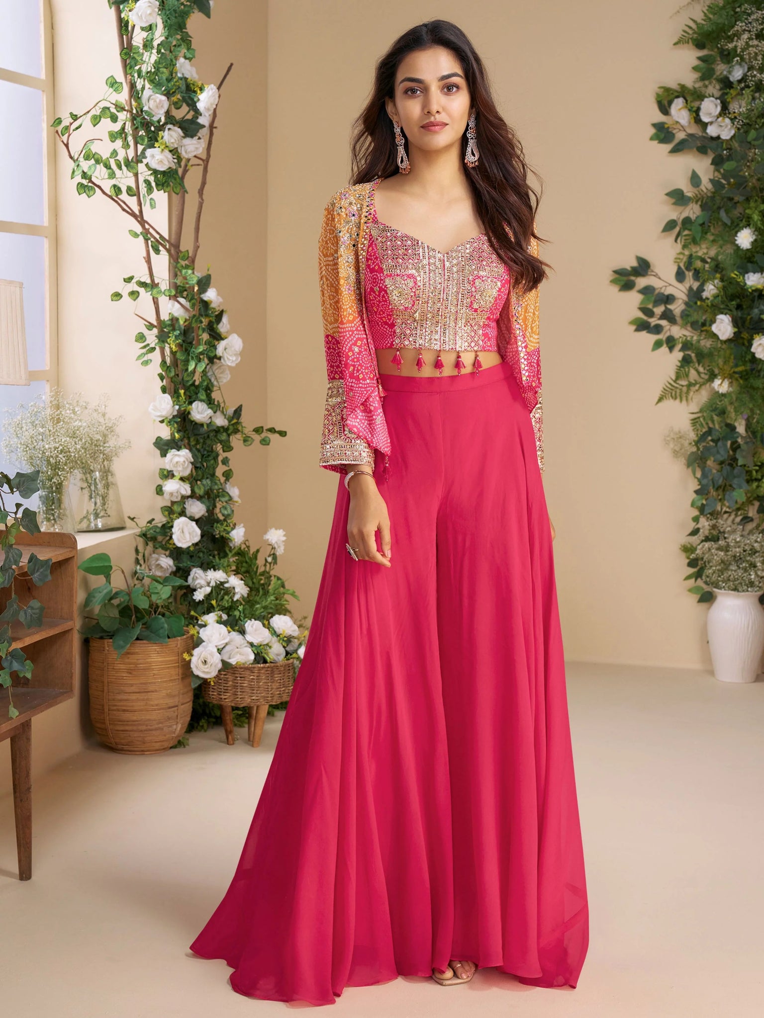 Gorgeous Fuschia Pink & Bhandani Print Mini Jacet SYMO - Indian Dress House 786