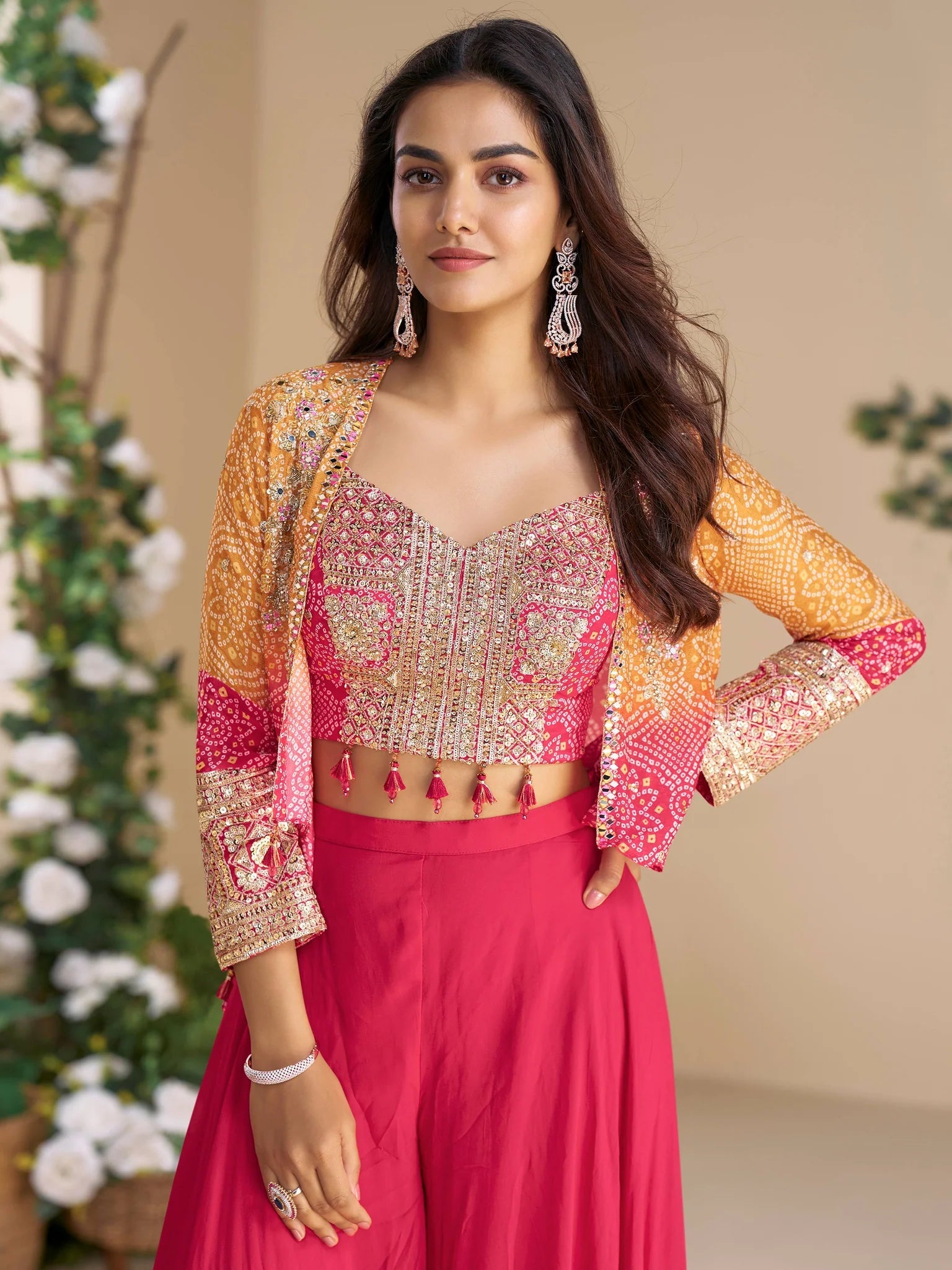 Gorgeous Fuschia Pink & Bhandani Print Mini Jacet SYMO - Indian Dress House 786