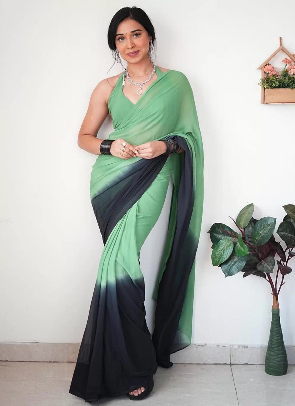 Gorgeous Green & Blue Shaded Saree - Indian Dress House 786