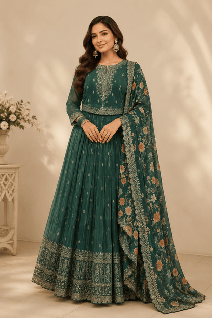 Gorgeous Green Floral Anarkali - Indian Dress House 786