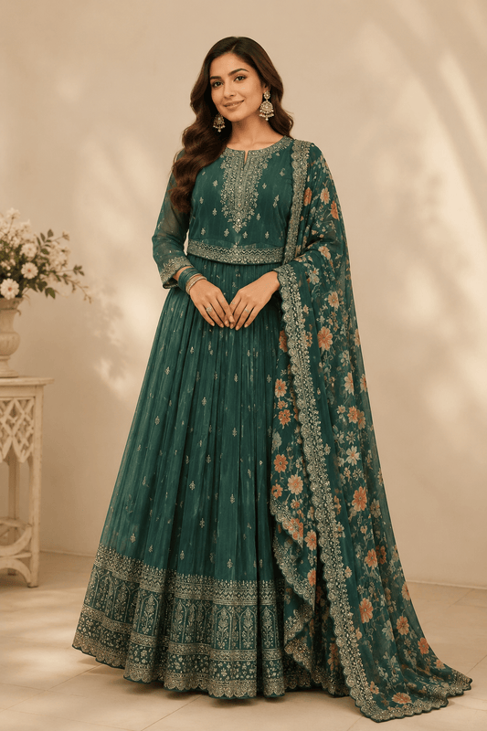 Gorgeous Green Floral Anarkali - Indian Dress House 786