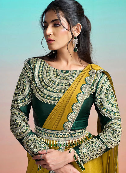 Gorgeous Mustard & Green MN Saree - Indian Dress House 786