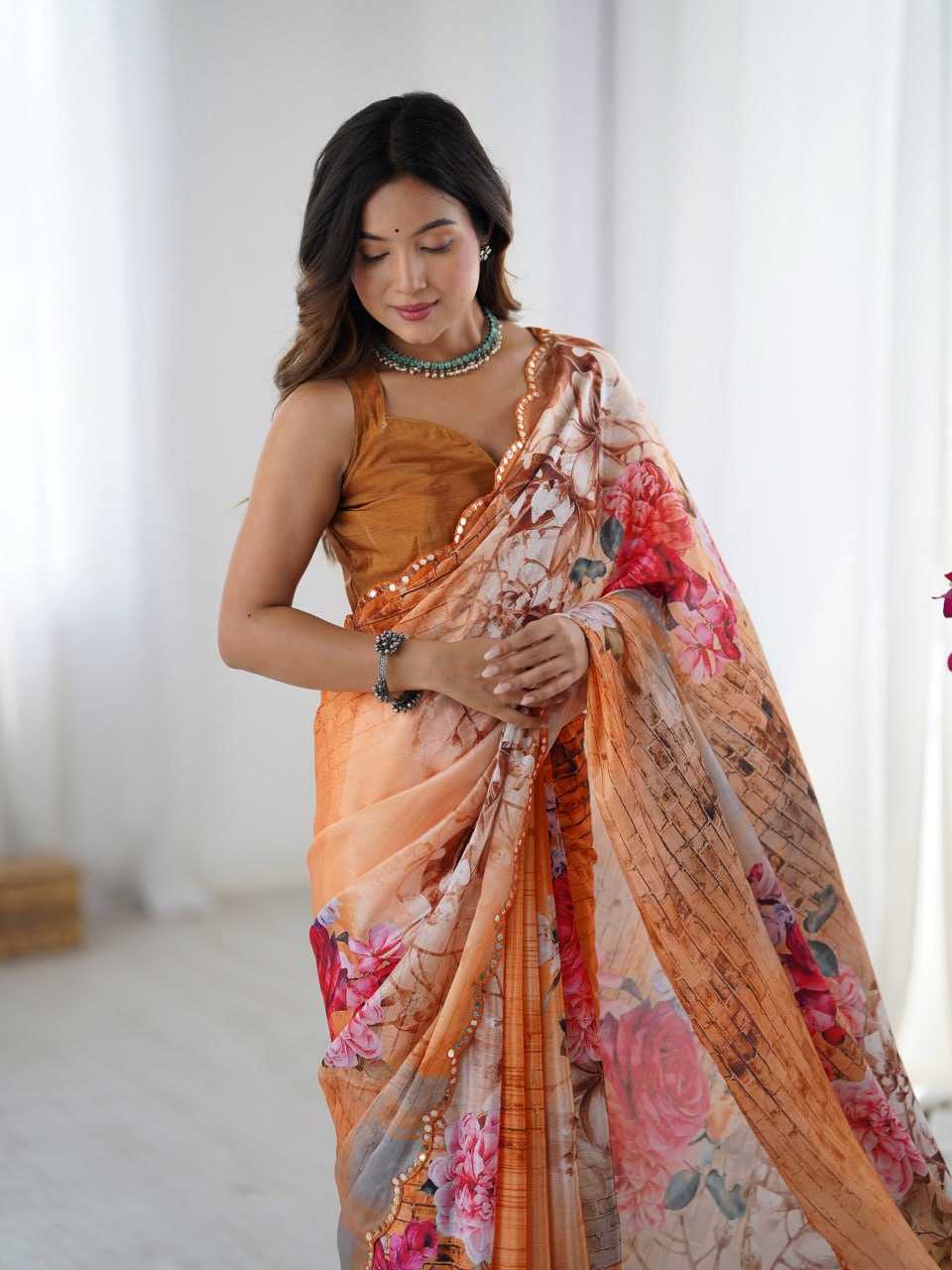 Gorgeous Orange Pastel Floral KES Saree - Indian Dress House 786
