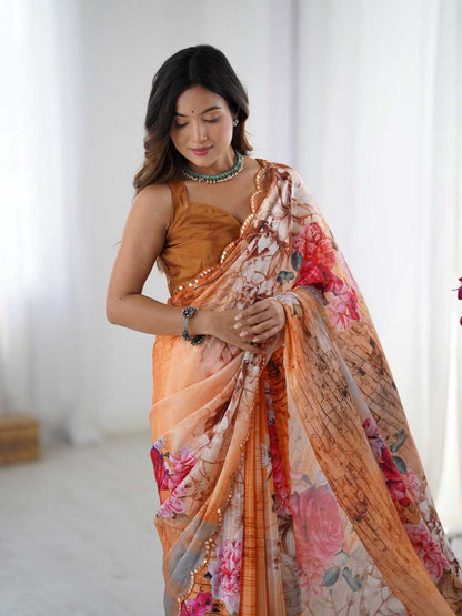 Gorgeous Orange Pastel Floral KES Saree - Indian Dress House 786