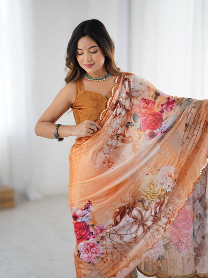 Gorgeous Orange Pastel Floral KES Saree - Indian Dress House 786