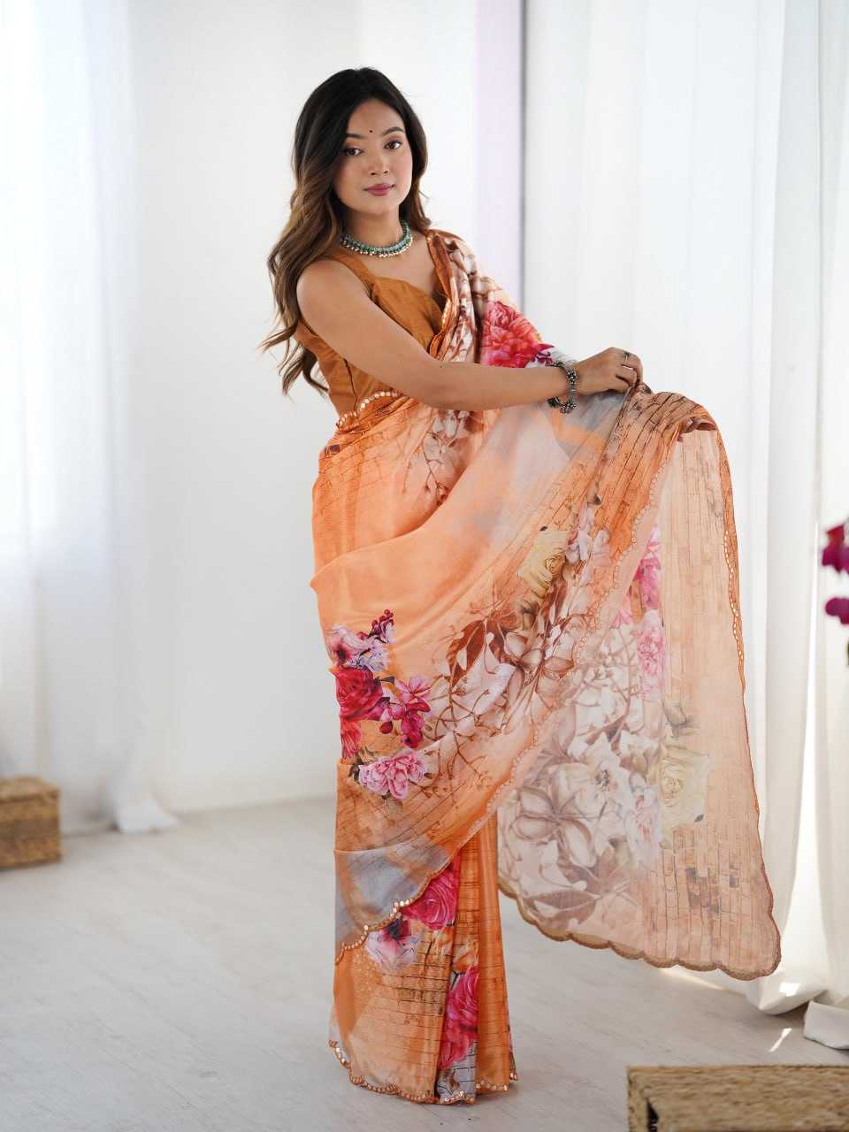Gorgeous Orange Pastel Floral KES Saree - Indian Dress House 786