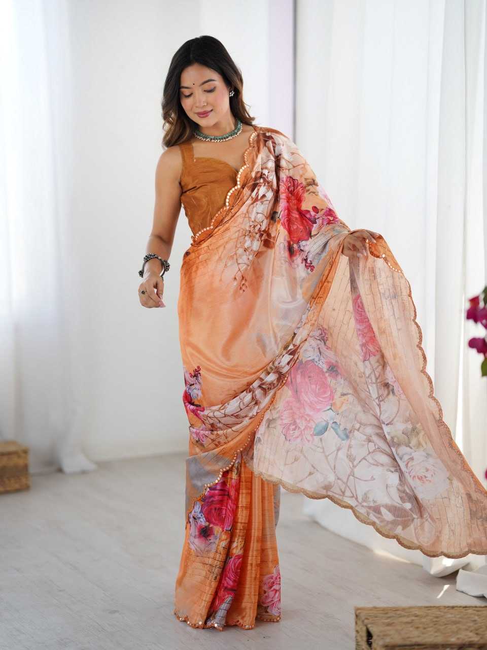 Gorgeous Orange Pastel Floral KES Saree - Indian Dress House 786