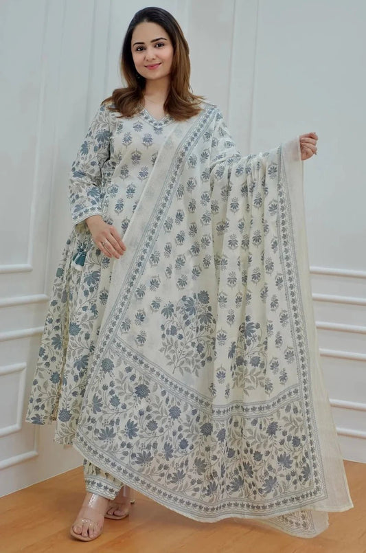 Gorgeous Pastel Off White Printed FVD - Indian Dress House 786