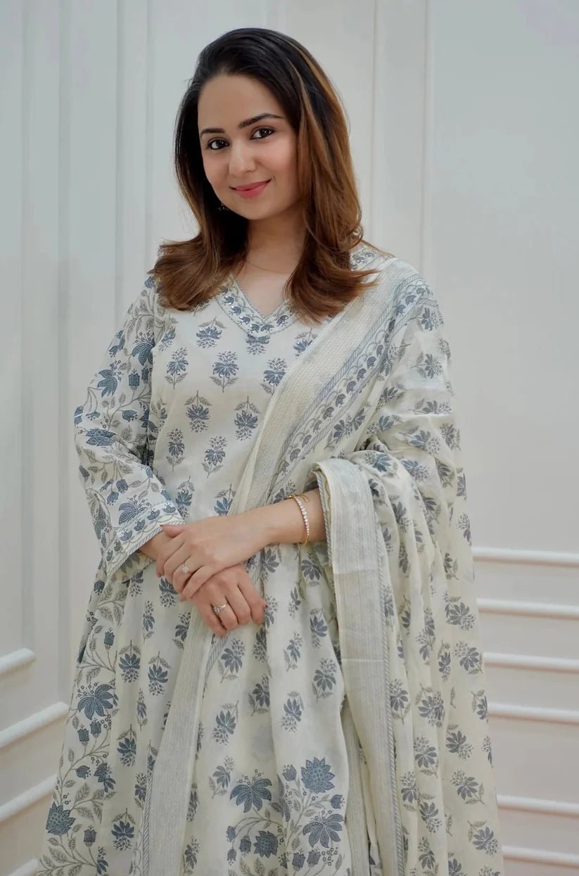 Gorgeous Pastel Off White Printed FVD - Indian Dress House 786