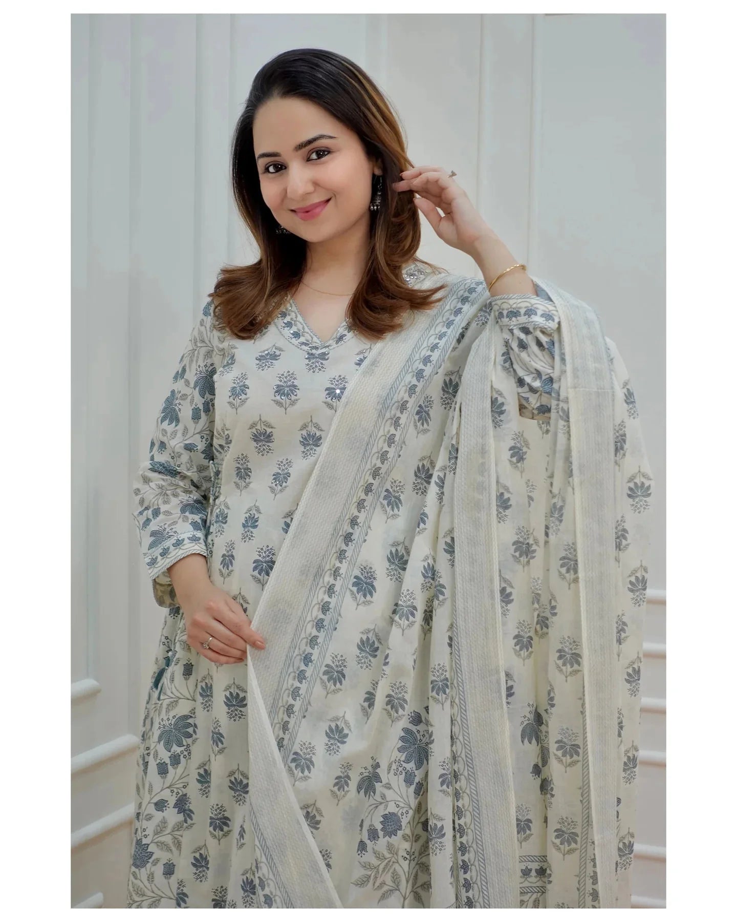 Gorgeous Pastel Off White Printed FVD - Indian Dress House 786