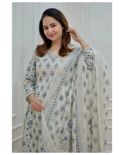 Gorgeous Pastel Off White Printed FVD - Indian Dress House 786
