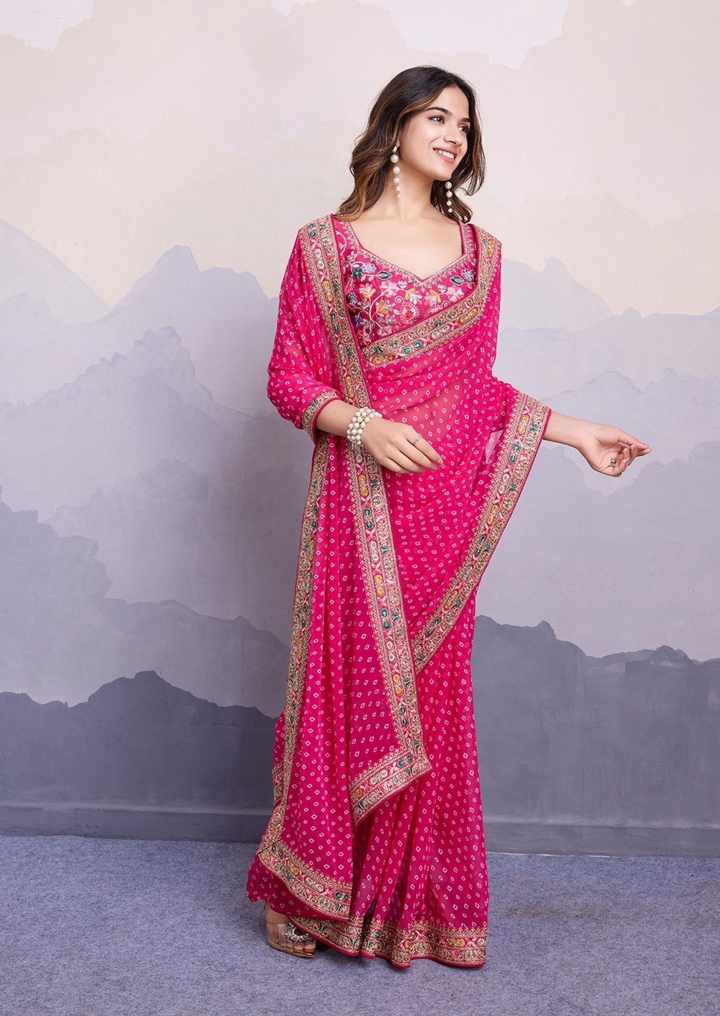 Gorgeous Pink Bhandani STR Saree - Indian Dress House 786