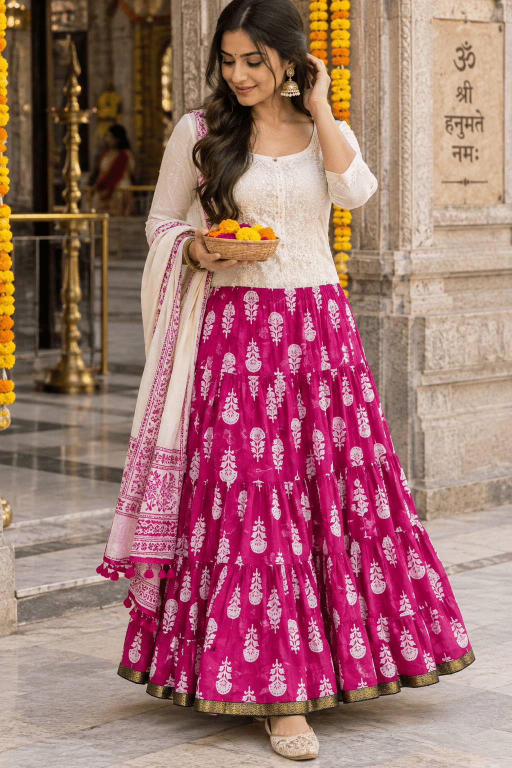 Gorgeous Pink & White Floral Printed Skirt - Indian Dress House 786