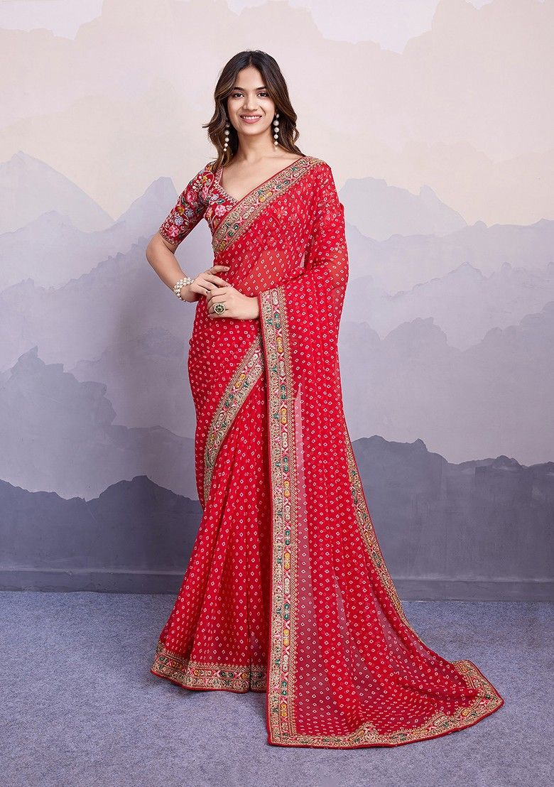 Gorgeous Red Bhandani STR Saree - Indian Dress House 786