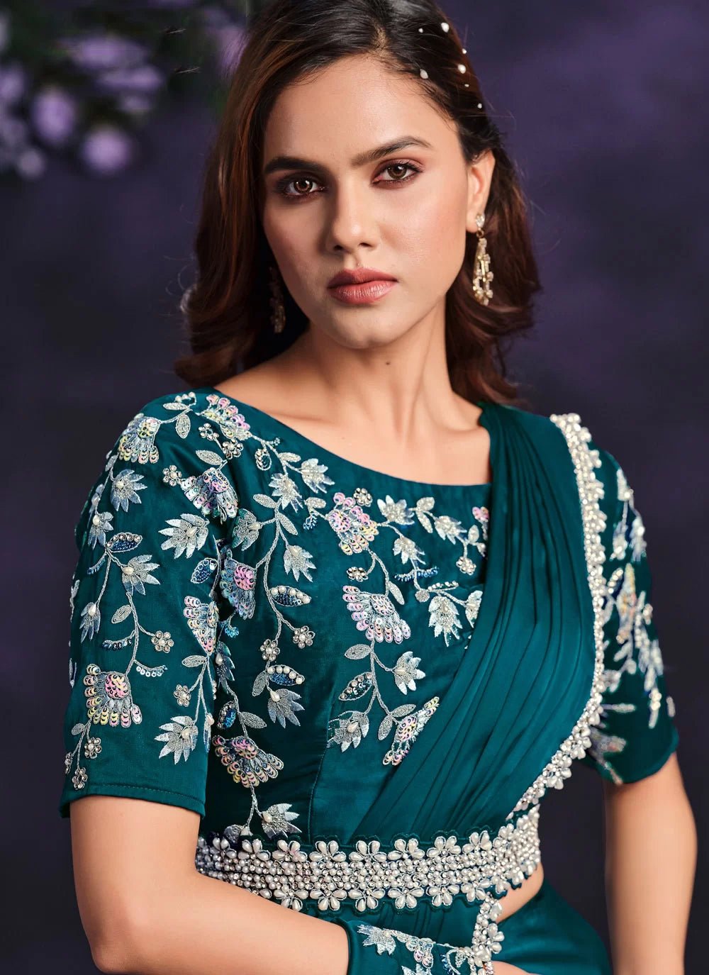 Gorgeous Teal Floral MMR Saree - Indian Dress House 786