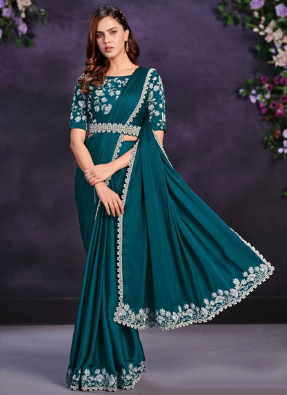 Gorgeous Teal Floral MMR Saree - Indian Dress House 786