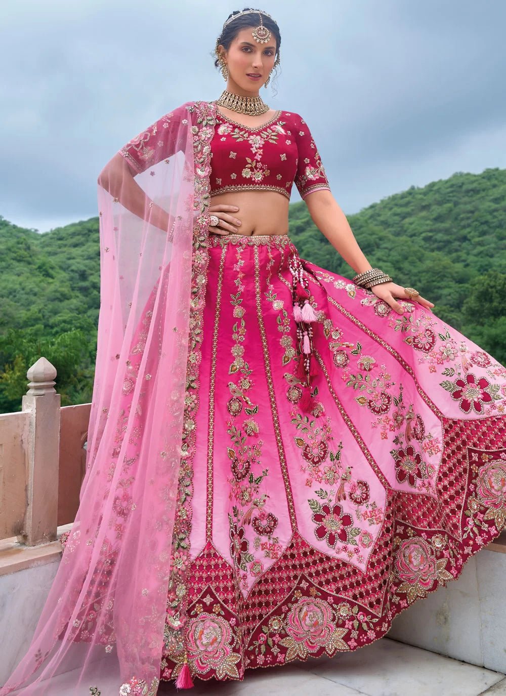 Gorgeous Two Tone Pink Silk Floral ANARL - Indian Dress House 786