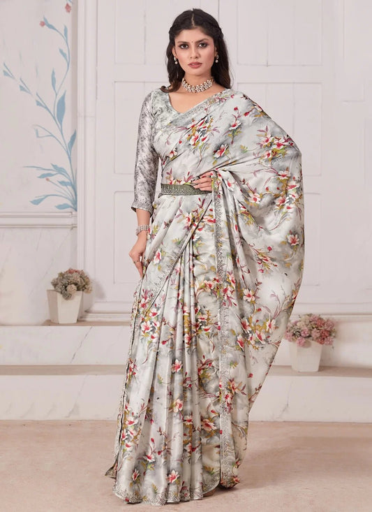 Gorgeous Unique Floral Cream MH 696 Saree - Indian Dress House 786