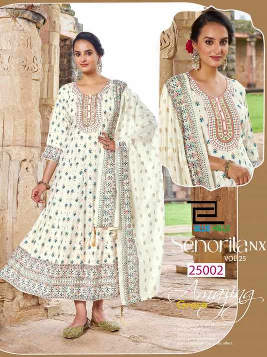 Gorgeous White & Blue BHS 25002 FVD - Indian Dress House 786