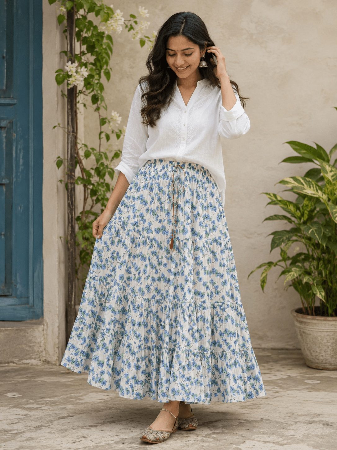 Gorgeous White & Blue Floral Skirt - Indian Dress House 786
