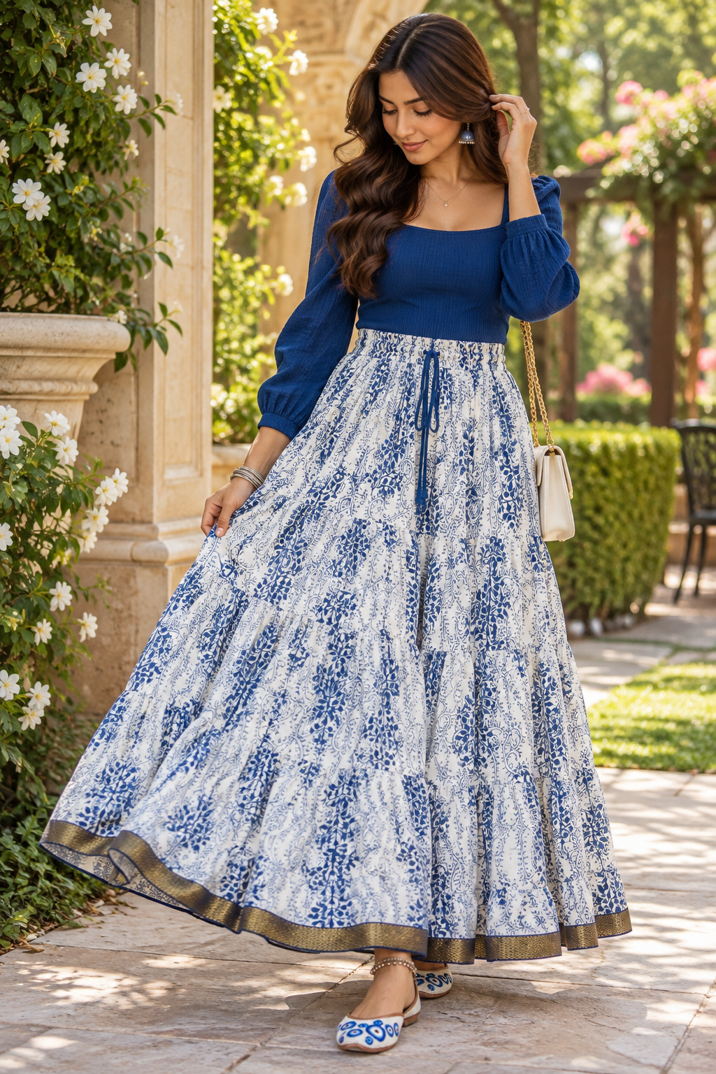 Gorgeous White & Blue Floral Skirts - Indian Dress House 786