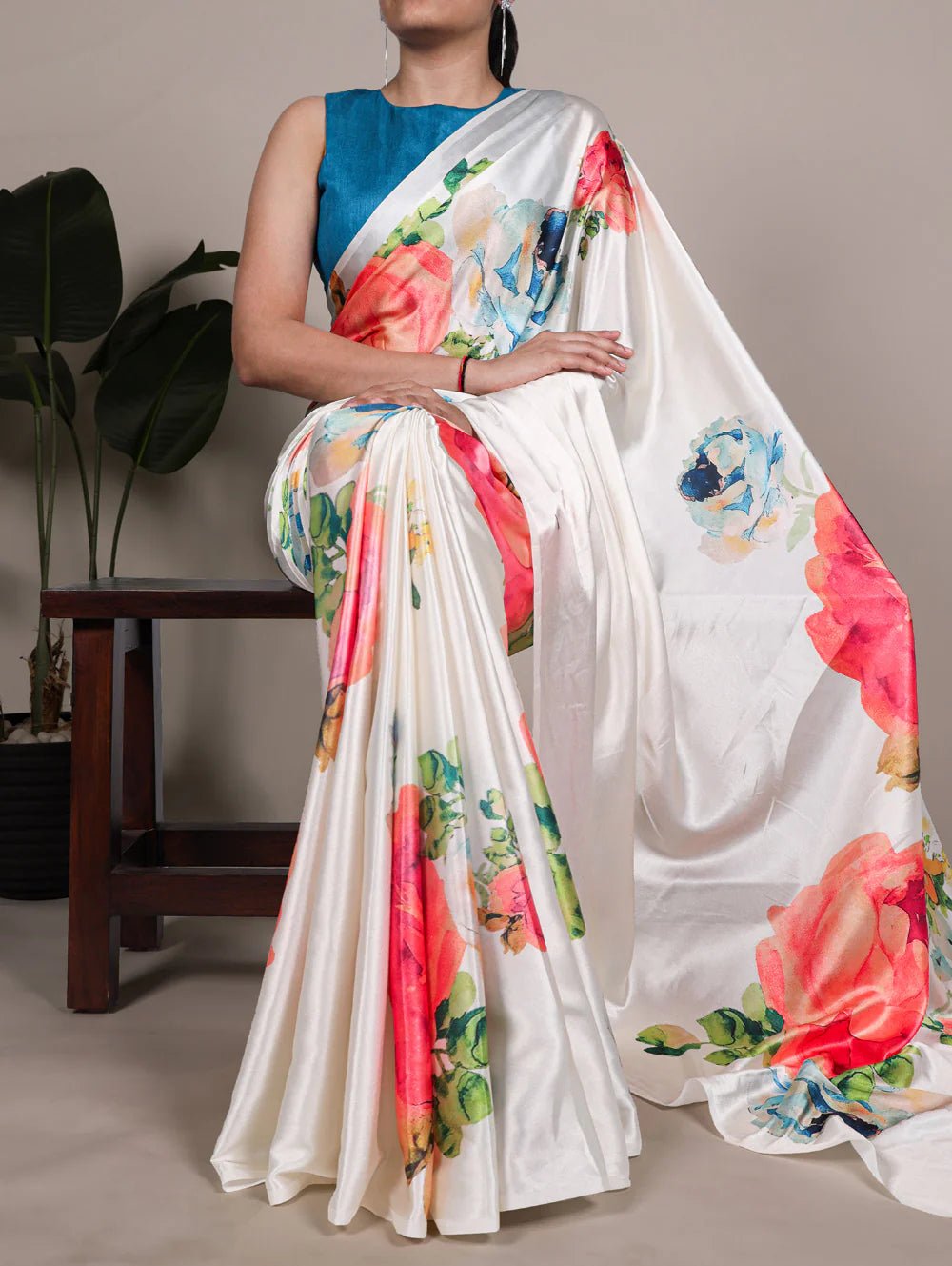 Gorgeous White Floral & Red MC YNF Saree - Indian Dress House 786