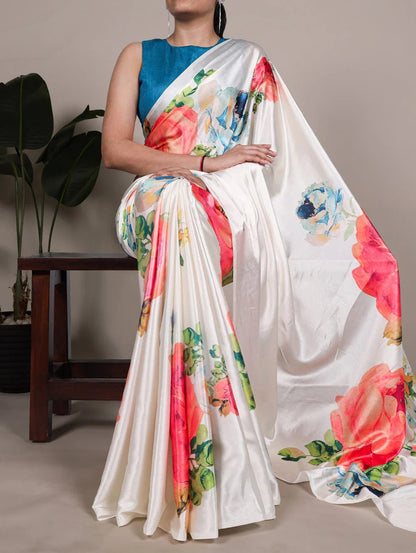 Gorgeous White Floral & Red MC YNF Saree - Indian Dress House 786