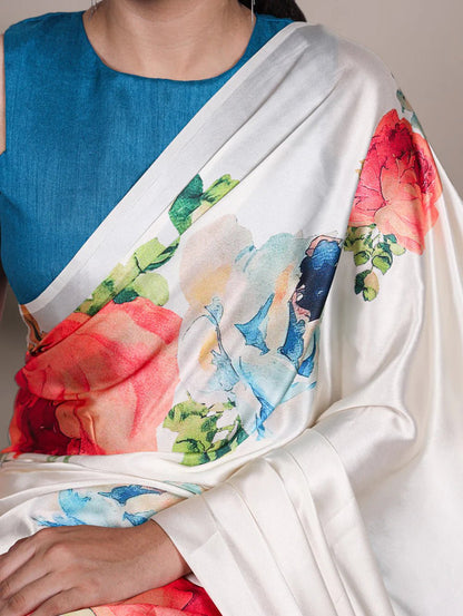 Gorgeous White Floral & Red MC YNF Saree - Indian Dress House 786