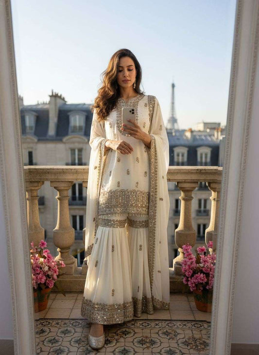 Gorgeous White & Gold Sharara FSL - Indian Dress House 786