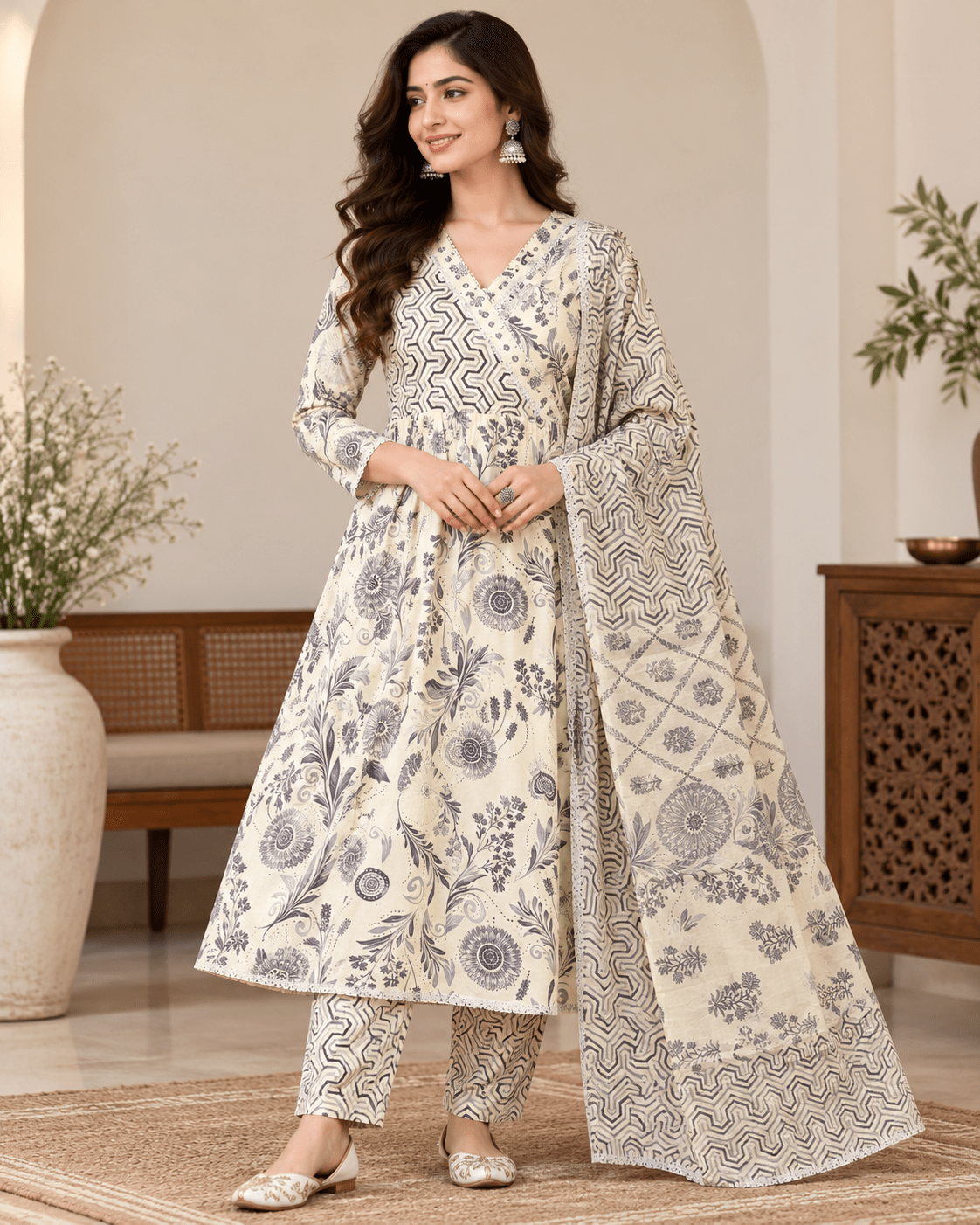 Gorgeous White & Grey Floral NK FVD - Indian Dress House 786