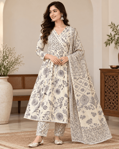 Gorgeous White & Grey Floral NK FVD - Indian Dress House 786