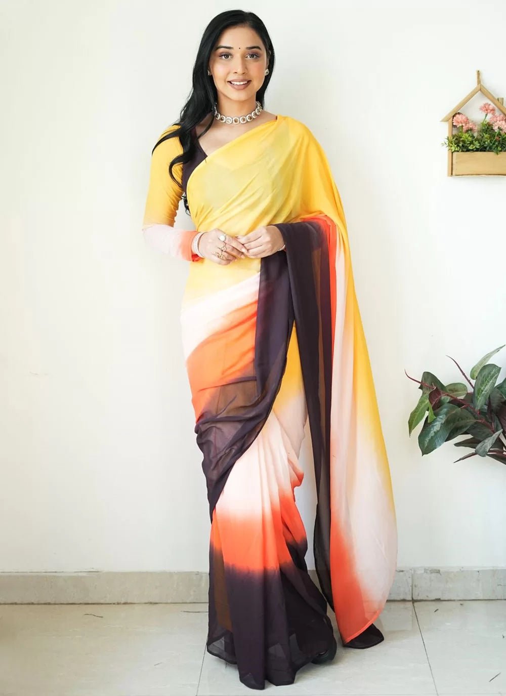 Gorgeous Yellow Multi Color Saree - Indian Dress House 786