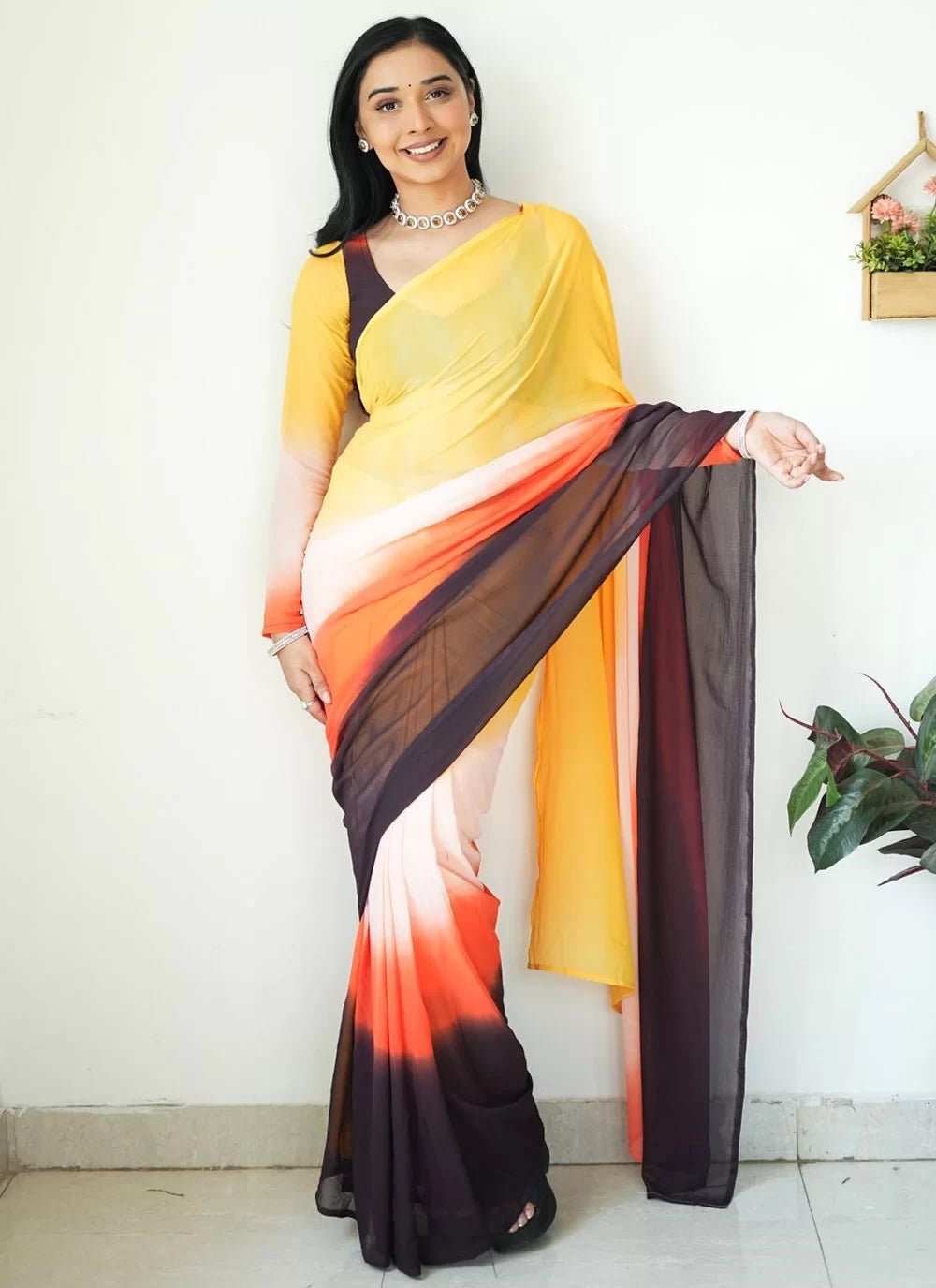 Gorgeous Yellow Multi Color Saree - Indian Dress House 786