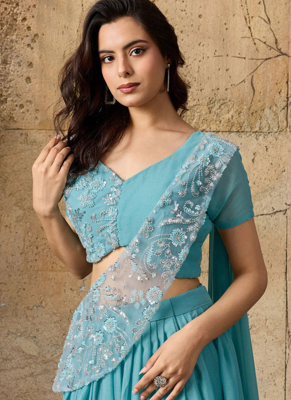 Sky Blue Saree-Style Lehenga