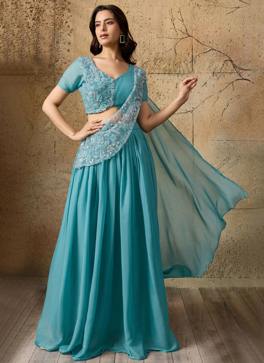 Sky Blue Saree-Style Lehenga
