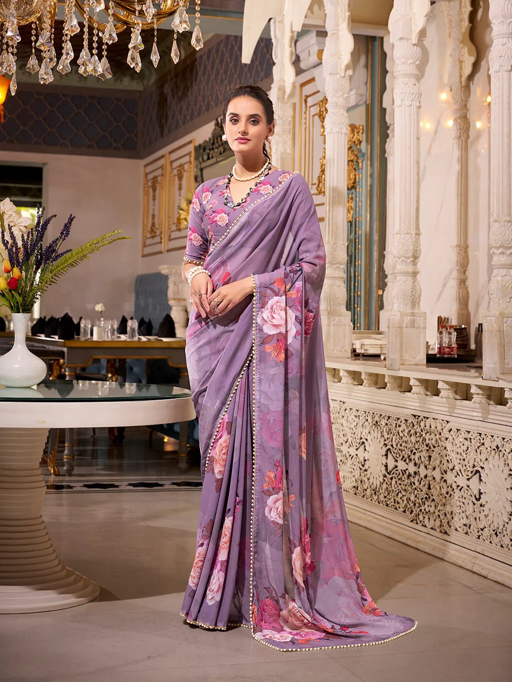 Lavender Grey Bloom YF Saree - Indian Dress House 786
