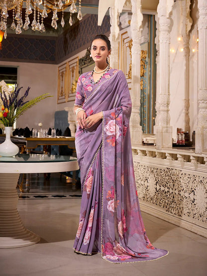 Lavender Grey Bloom YF Saree - Indian Dress House 786