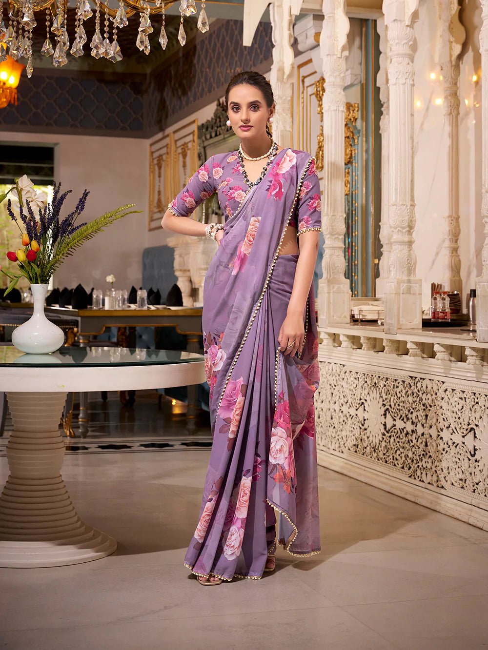 Lavender Grey Bloom YF Saree - Indian Dress House 786
