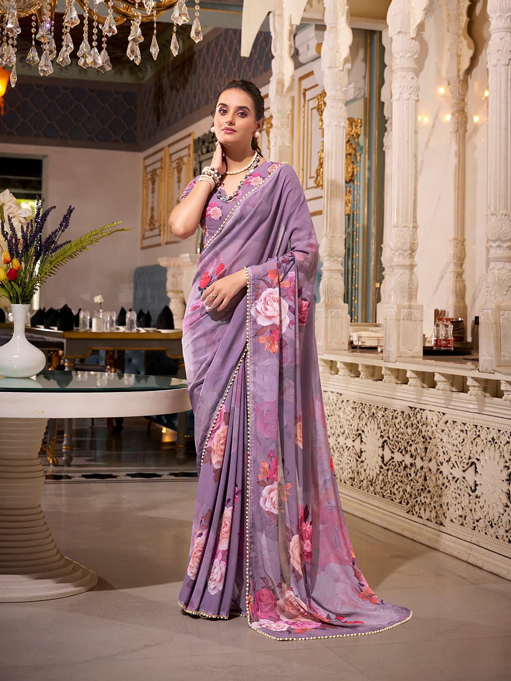 Lavender Grey Bloom YF Saree - Indian Dress House 786