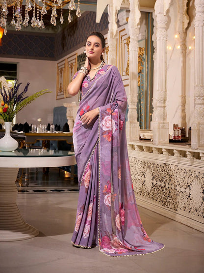 Lavender Grey Bloom YF Saree - Indian Dress House 786