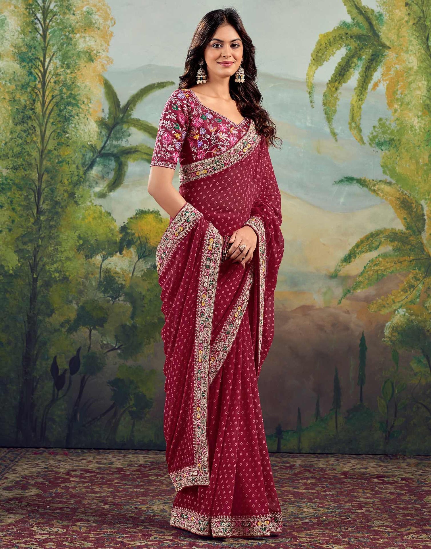 Maroon Bhandani STR Saree - Indian Dress House 786