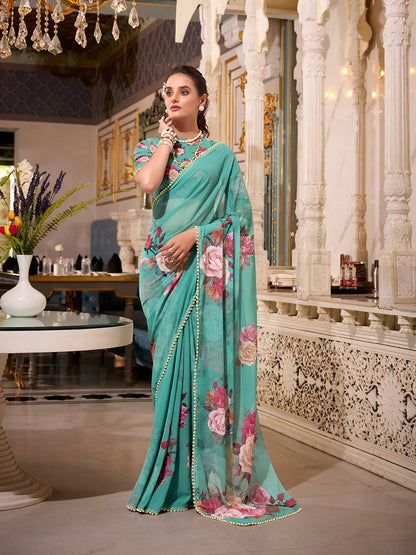 Mint Green Floral Charm YF Saree - Indian Dress House 786