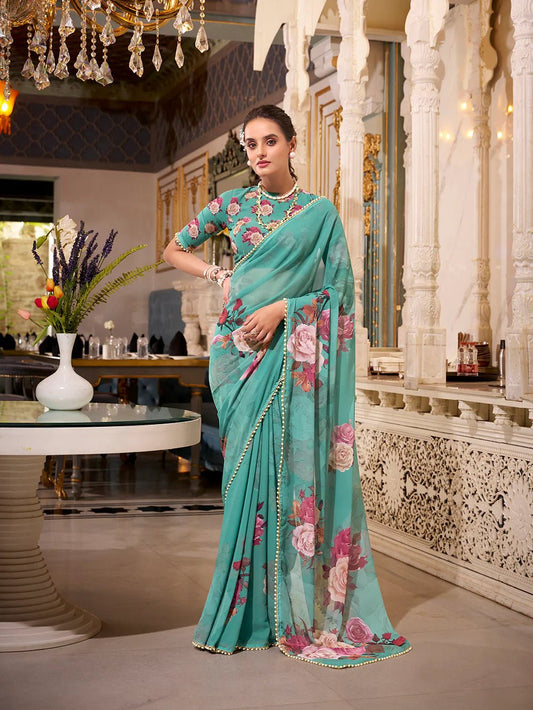 Mint Green Floral Charm YF Saree - Indian Dress House 786