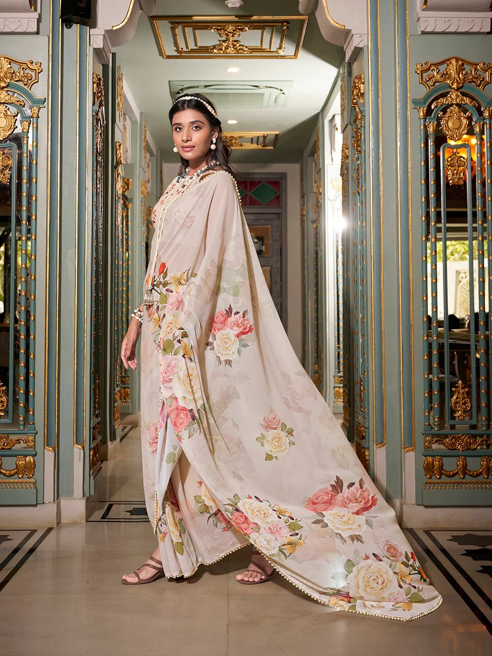 Off - White Subtle Bloom YF Saree - Indian Dress House 786