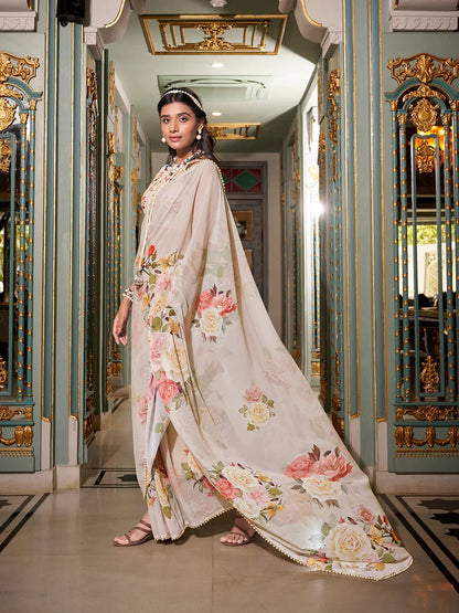 Off - White Subtle Bloom YF Saree - Indian Dress House 786