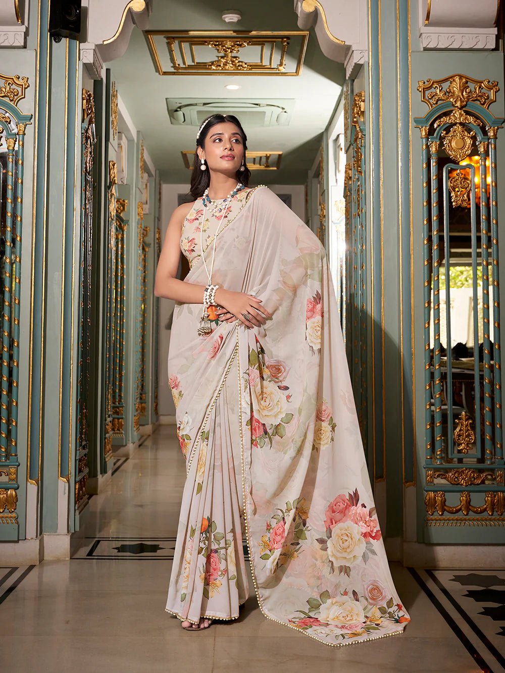 Off - White Subtle Bloom YF Saree - Indian Dress House 786
